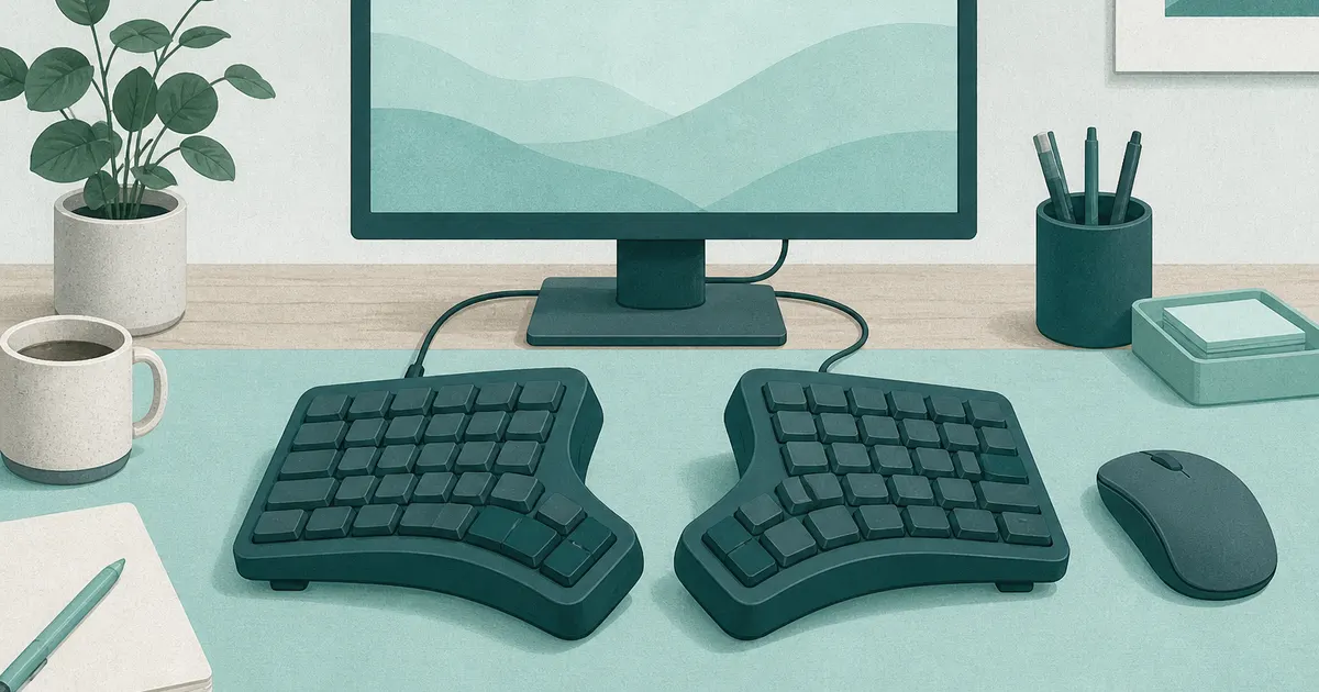 Flat illustration of a split ergonomic keyboard on a home office desk