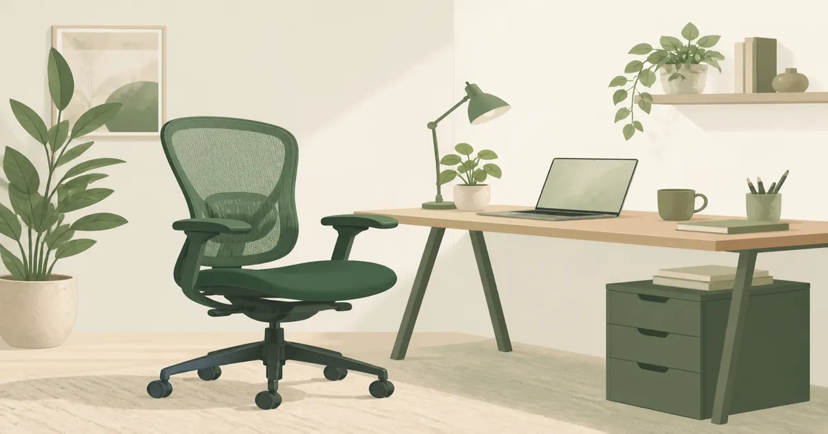 Flat illustration of an ergonomic office chair with lumbar support at a home desk