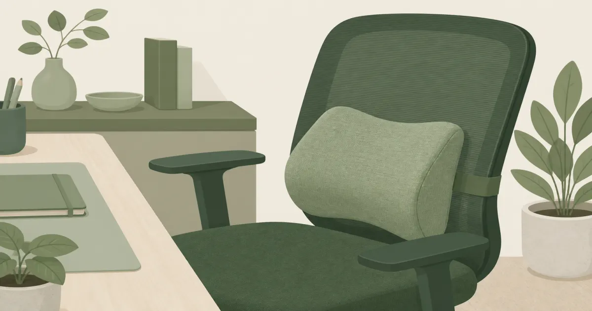Flat illustration of a lumbar support pillow strapped to an office chair