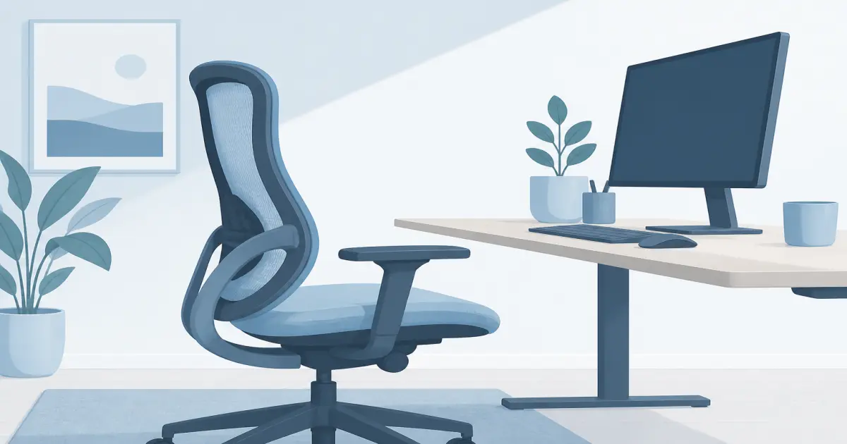 Flat illustration of an ergonomic office chair at a home desk setup
