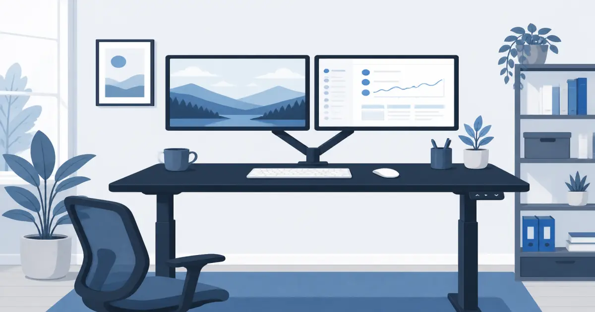 Flat illustration of a sit-stand desk with dual monitors in a calm home office