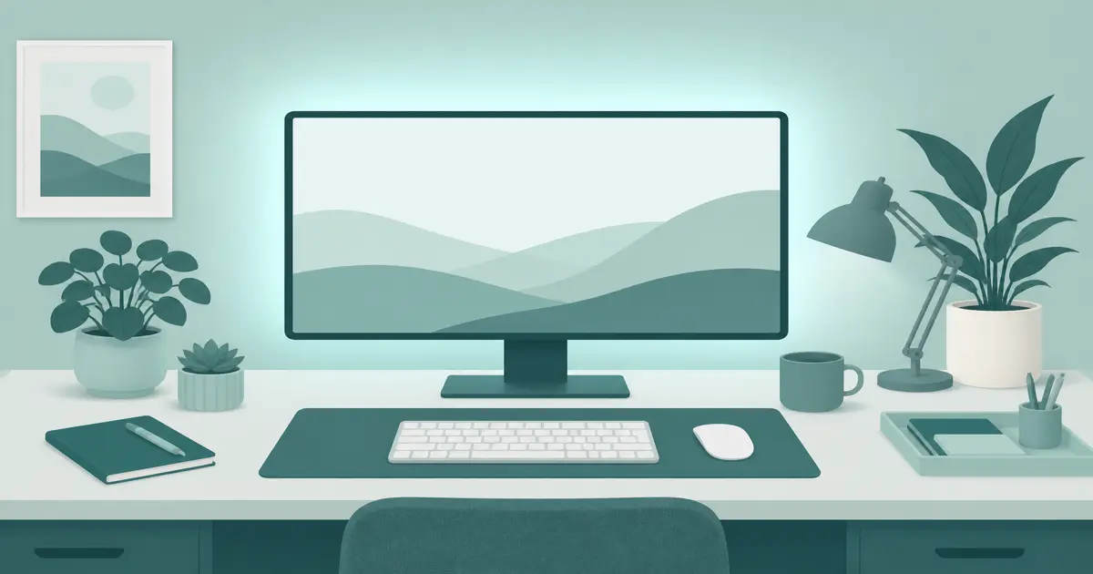 Flat illustration of soft bias light glowing behind a home office monitor