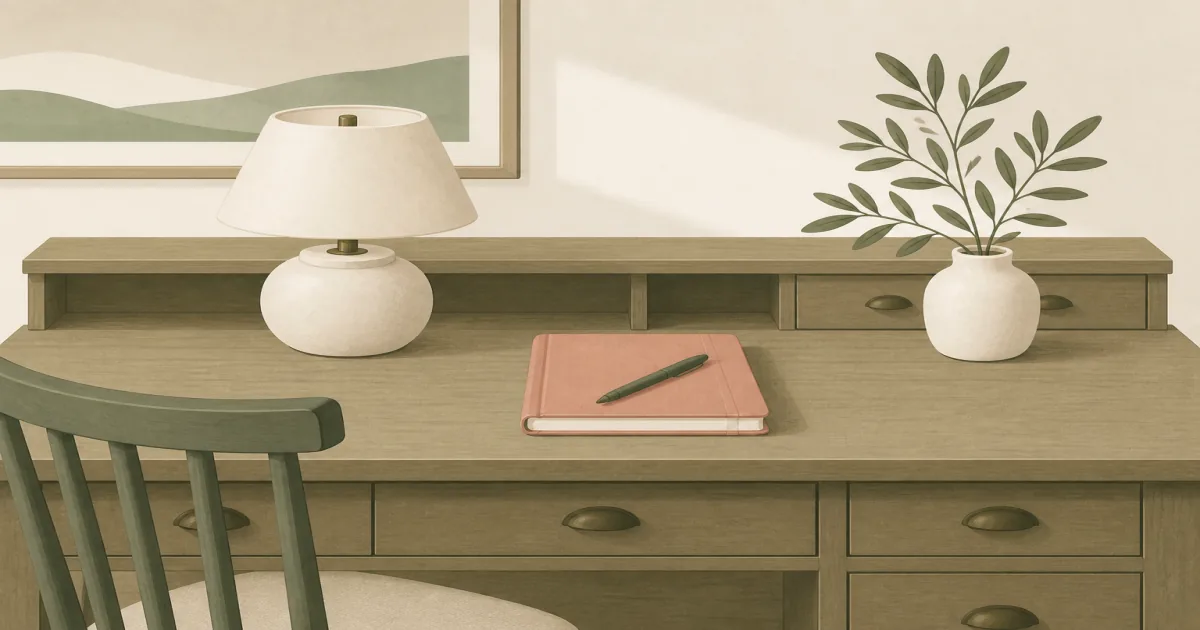 Flat illustration of a wood executive desk with drawers and a hutch in a calm home office