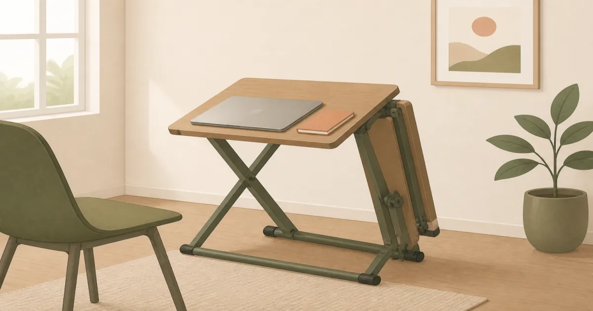Folding home office desk half-collapsed beside a laptop and chair in a small room