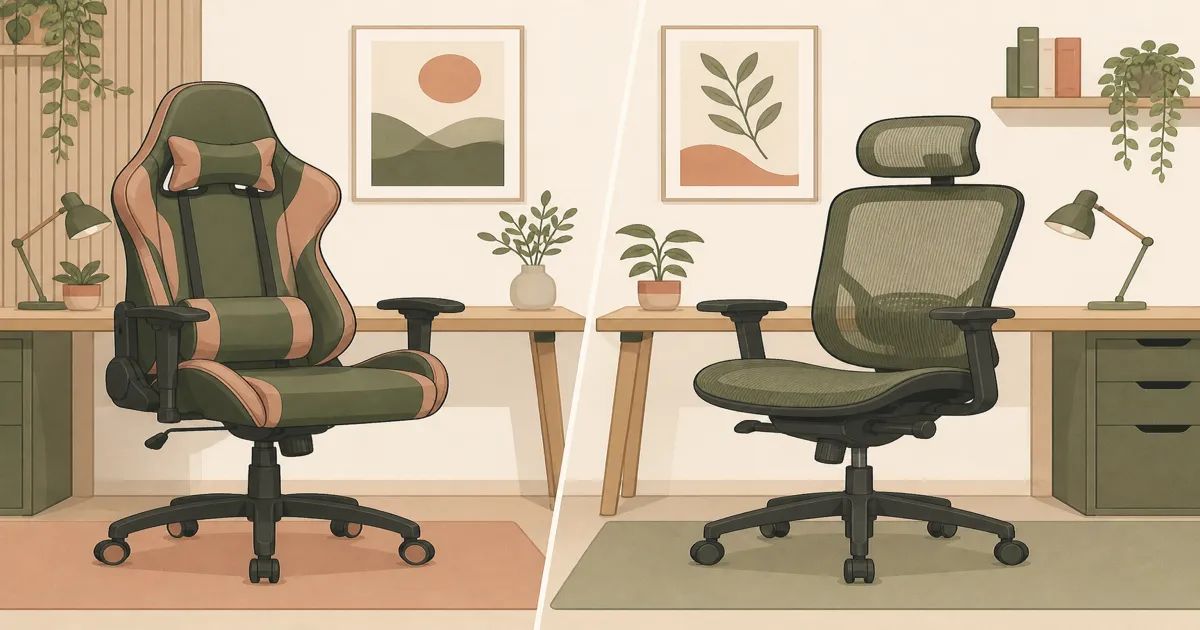Flat illustration comparing a gaming chair and an office chair at a desk