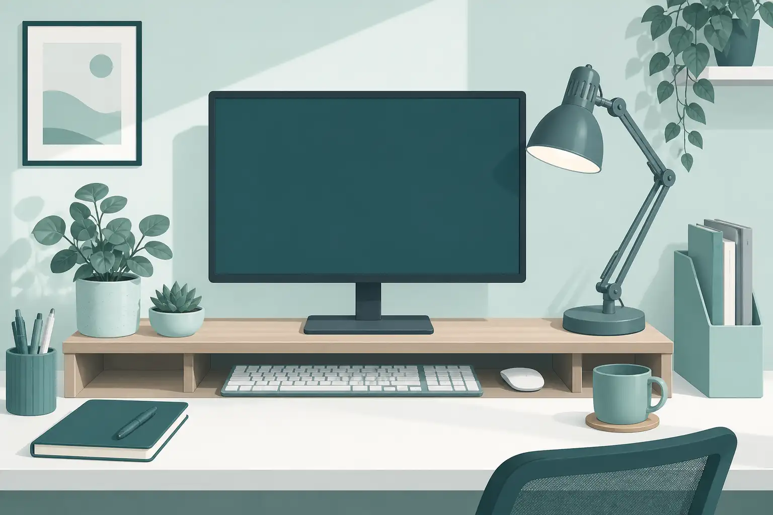 Flat illustration of a monitor on a desktop riser with a keyboard below