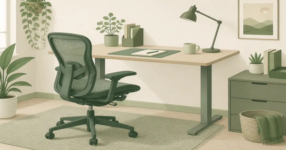 Flat illustration of an ergonomic office chair with lumbar support at a home desk