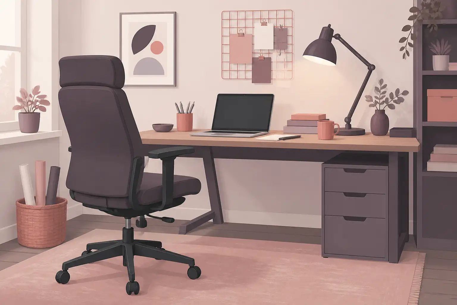 Flat illustration of a sturdy high-back office chair at a home desk