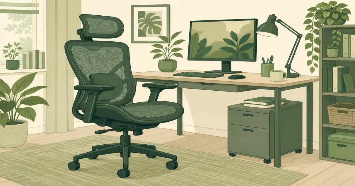 Ergonomic home office chair with an adjustable headrest beside a desk
