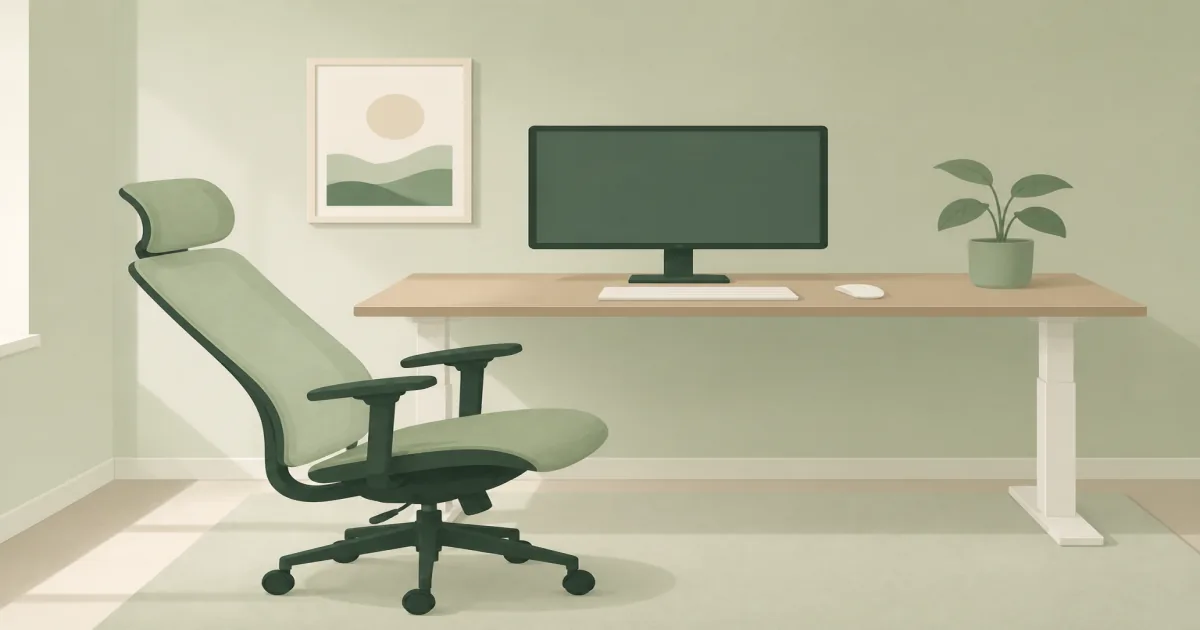 High-back office chair reclined beside a home desk with monitor