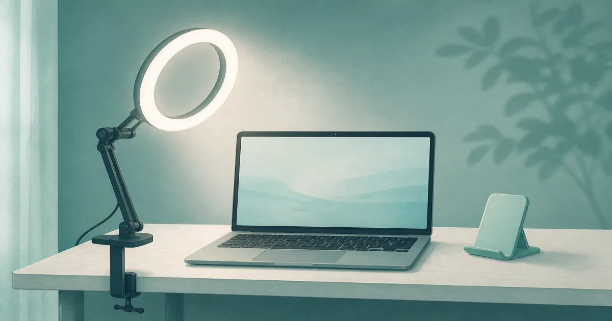Desk clamp ring light illuminating a home office webcam call setup beside a laptop
