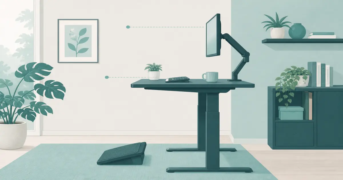 Flat illustration showing correct standing desk height with elbows near keyboard level