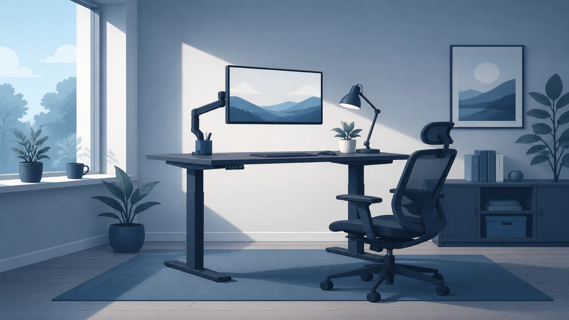 Clean home office desk and chair in cool slate and blue tones